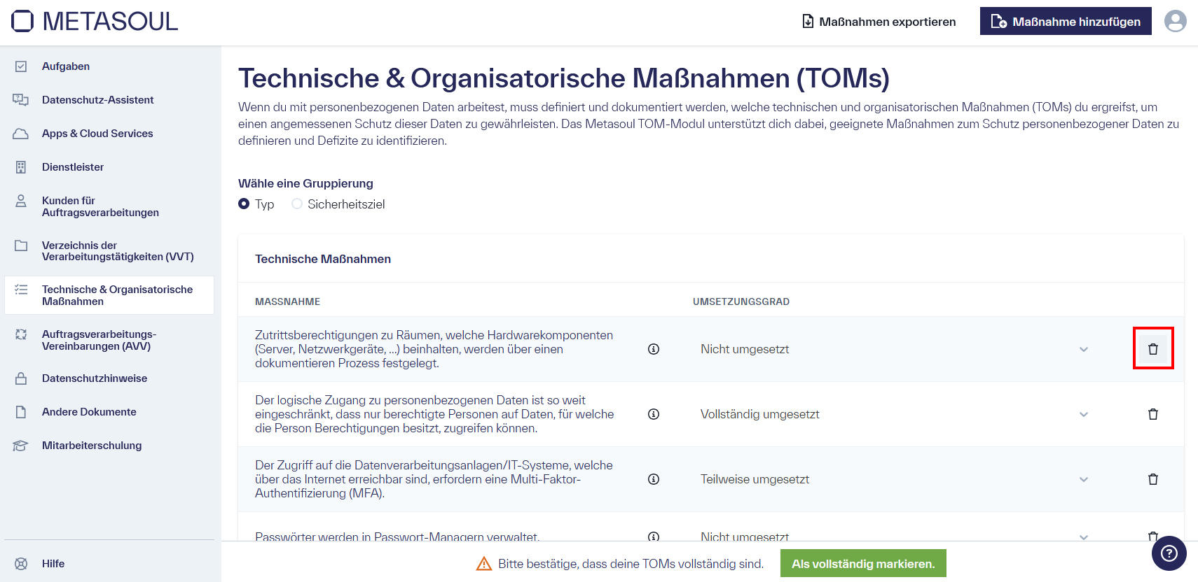 Startseite der &ldquo;Technische & Organisatorische Maßnahmen&rdquo; worin eine Tabelle mit mehreren Einträgen vorhanden ist.