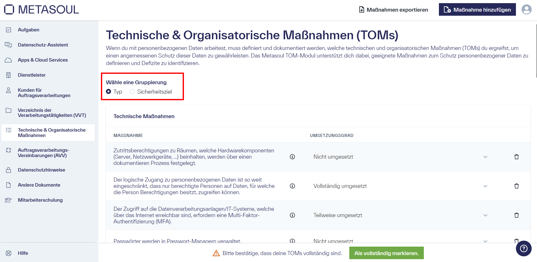 Startseite der &ldquo;Technische & Organisatorische Maßnahmen&rdquo; worin eine Tabelle mit mehreren Einträgen vorhanden ist.