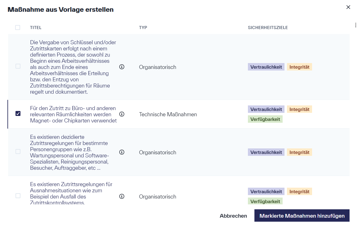 Fenster, welches eine Liste an vordiefinierten technischen und organisatoprischen Maßnahmen zur Auswahl als Vorlagen bereitstellt.