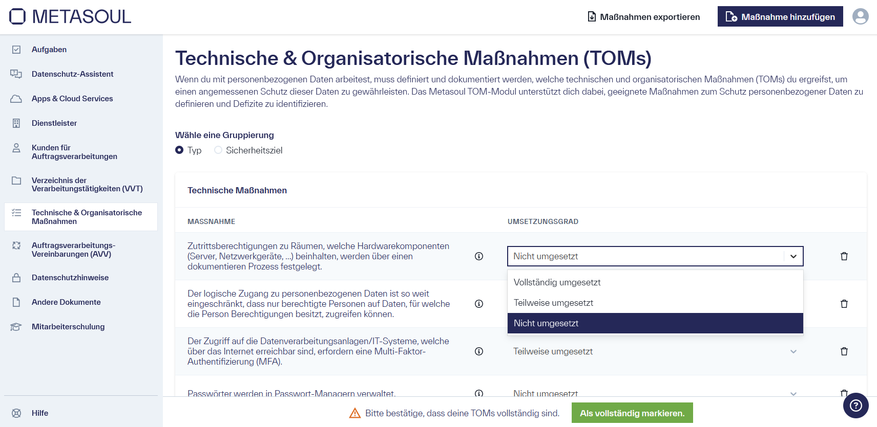 Startseite der &ldquo;Technische & Organisatorische Maßnahmen&rdquo; worin eine Tabelle mit mehreren Einträgen vorhanden ist.