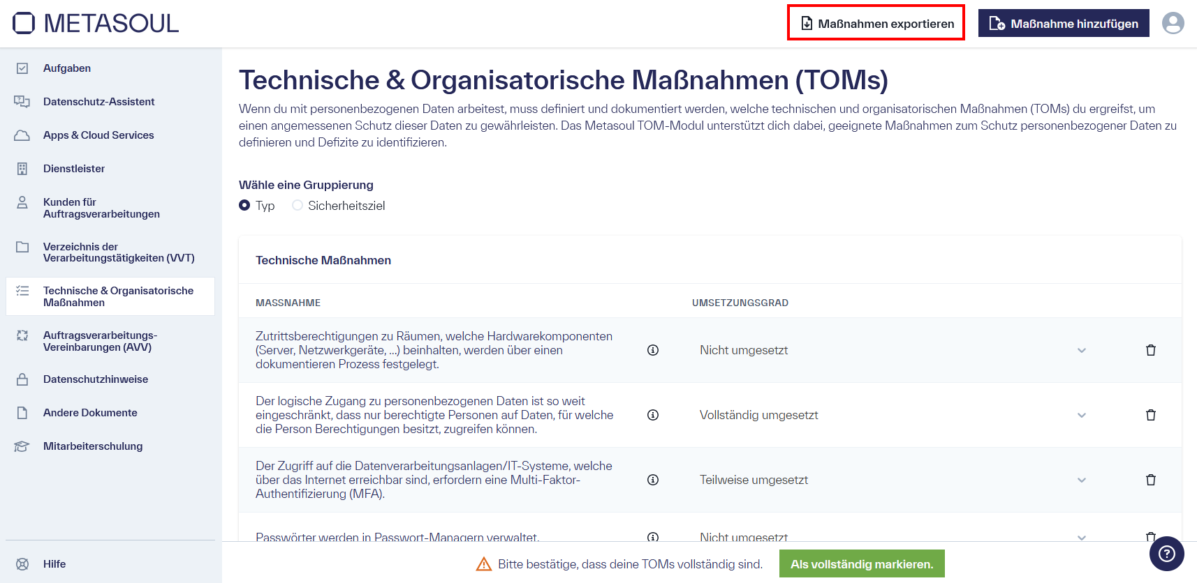Startseite des Modul &ldquo;Technische & Organisatorische Maßnahmen&rdquo; mit der Option &ldquo;Maßnahmen exportieren&rdquo; im rechten oberen Rand markiert.