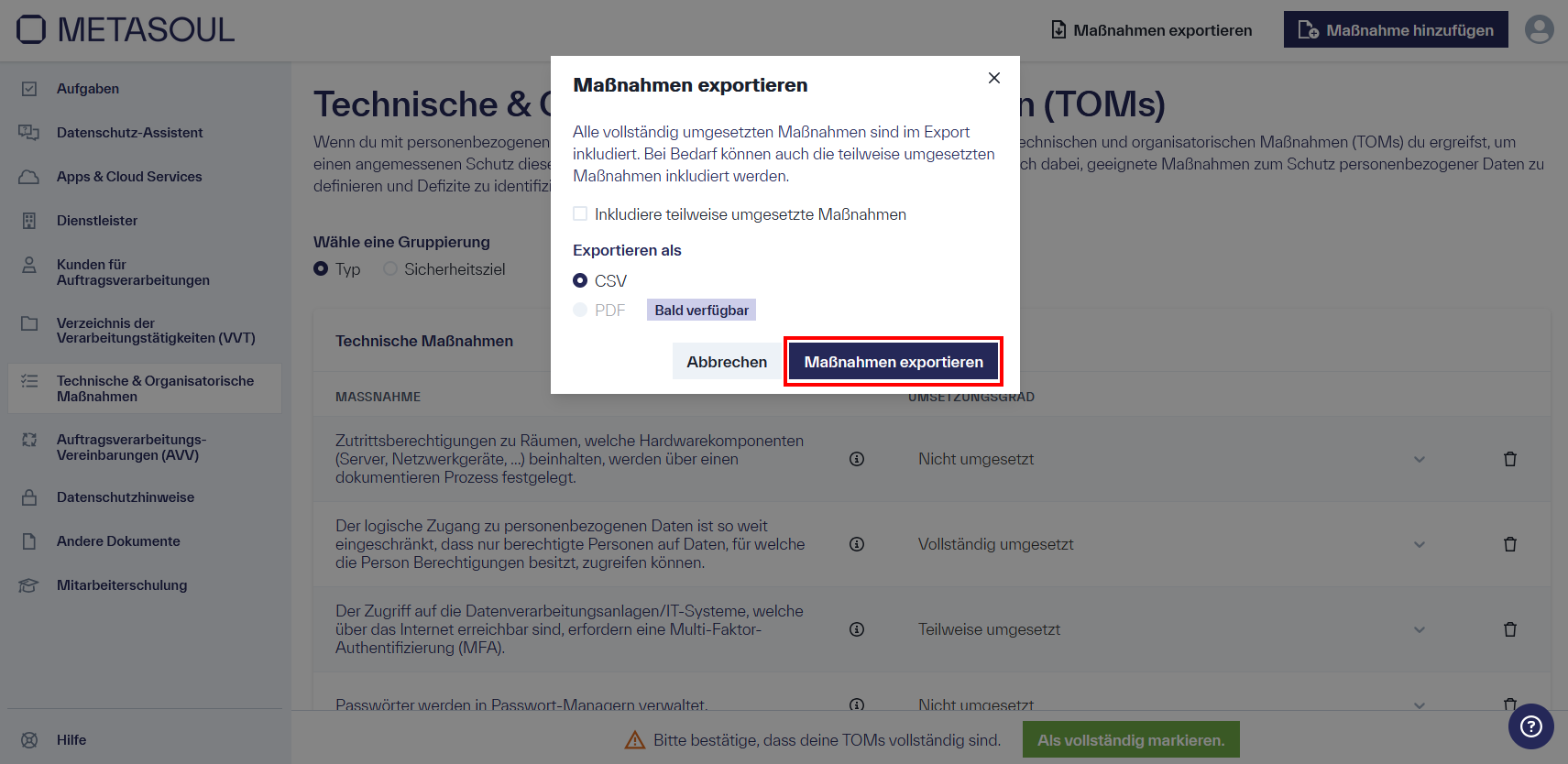 Ein Fenster mit dem Titel &ldquo;Maßnahmen exportieren&rdquo; und den Optionen &ldquo;CSV&rdquo;, &ldquo;Abbrechen&rdquo; &ldquo;Maßnahmen exportieren&rdquo;
