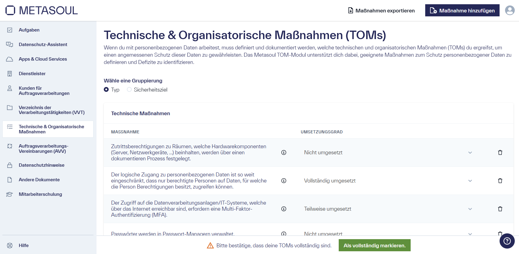 Startseite der &ldquo;Technische & Organisatorische Maßnahmen&rdquo; worin eine Tabelle mit mehreren Einträgen vorhanden ist