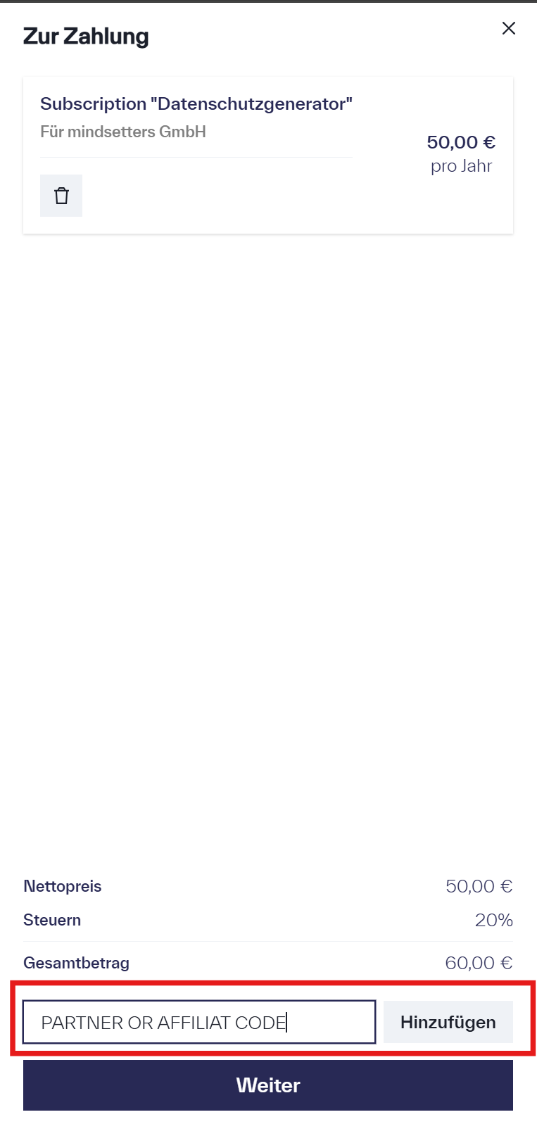 Beispiel, wie ein Affiliate-Code im Metasoul “Abo & Zahlung” eingelöst werden kann"