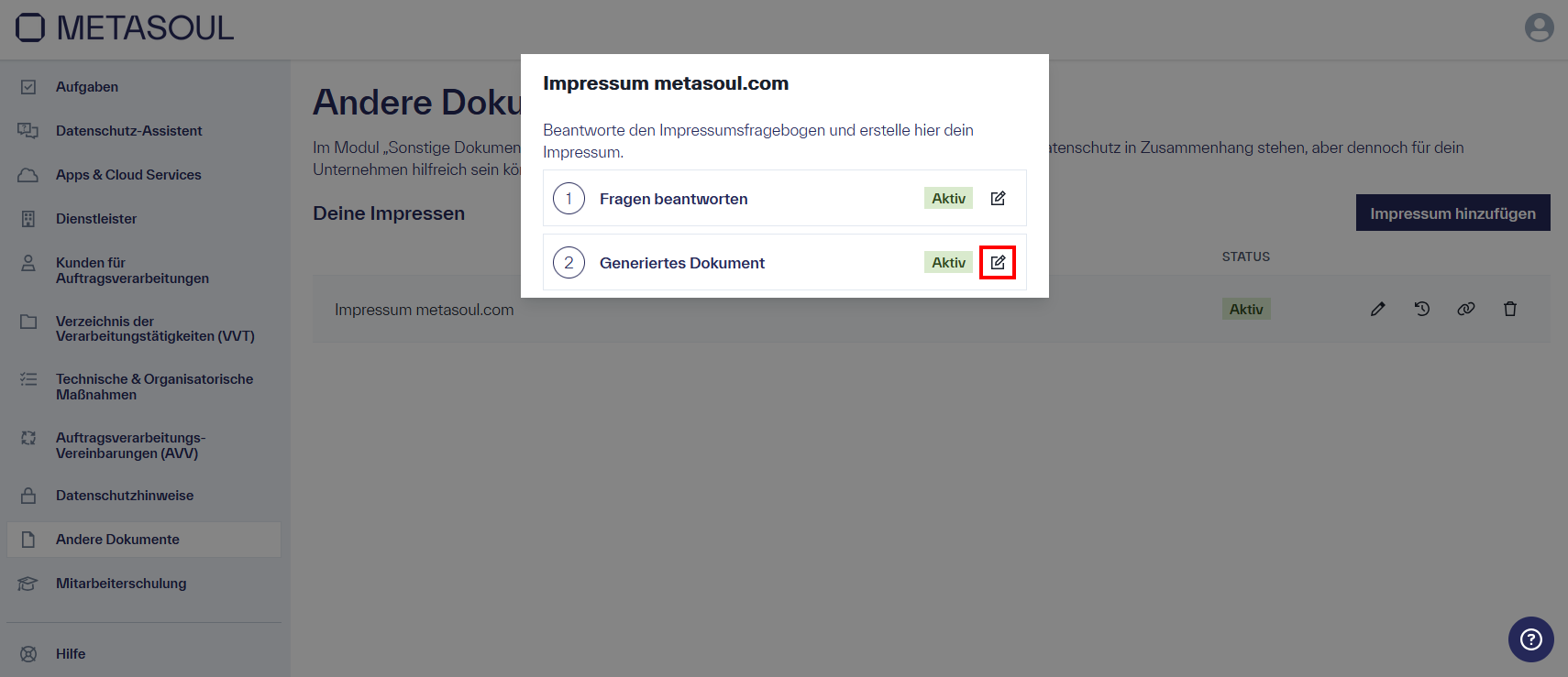 Fenster mit dem Titel &ldquo;Impressum metasoul.com&rdquo; und den zwei bearbeitbare Optionen &ldquo;Fragen beantworten&rdquo; sowie &ldquo;Generiertes Dokument&rdquo;