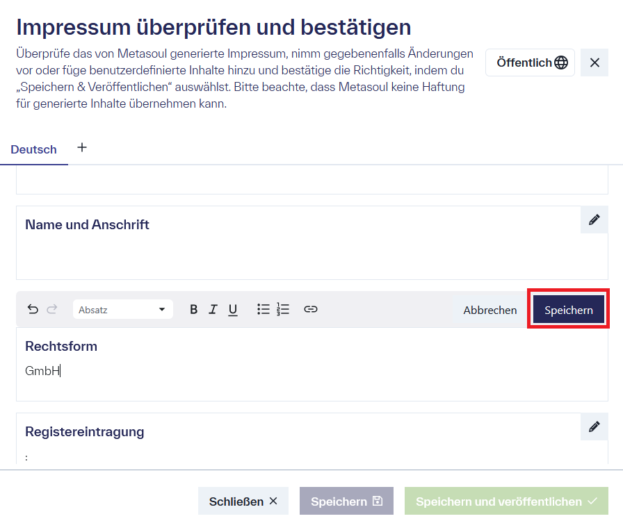 Sektion des Dokuments „Impressum“ im Bearbeiten-Modus, bei der die Option „Speichern“ hervorgehoben ist.