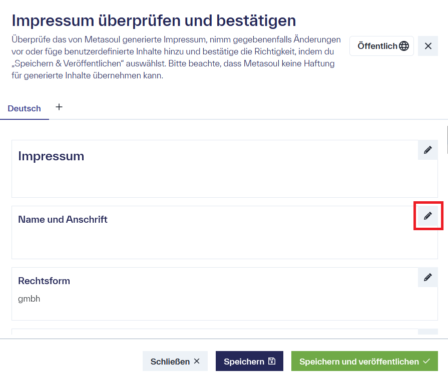 Darstellung des Dokuments „Impressum“, in dem jede einzelne Sektion als separate Option zur Bearbeitung verfügbar ist.