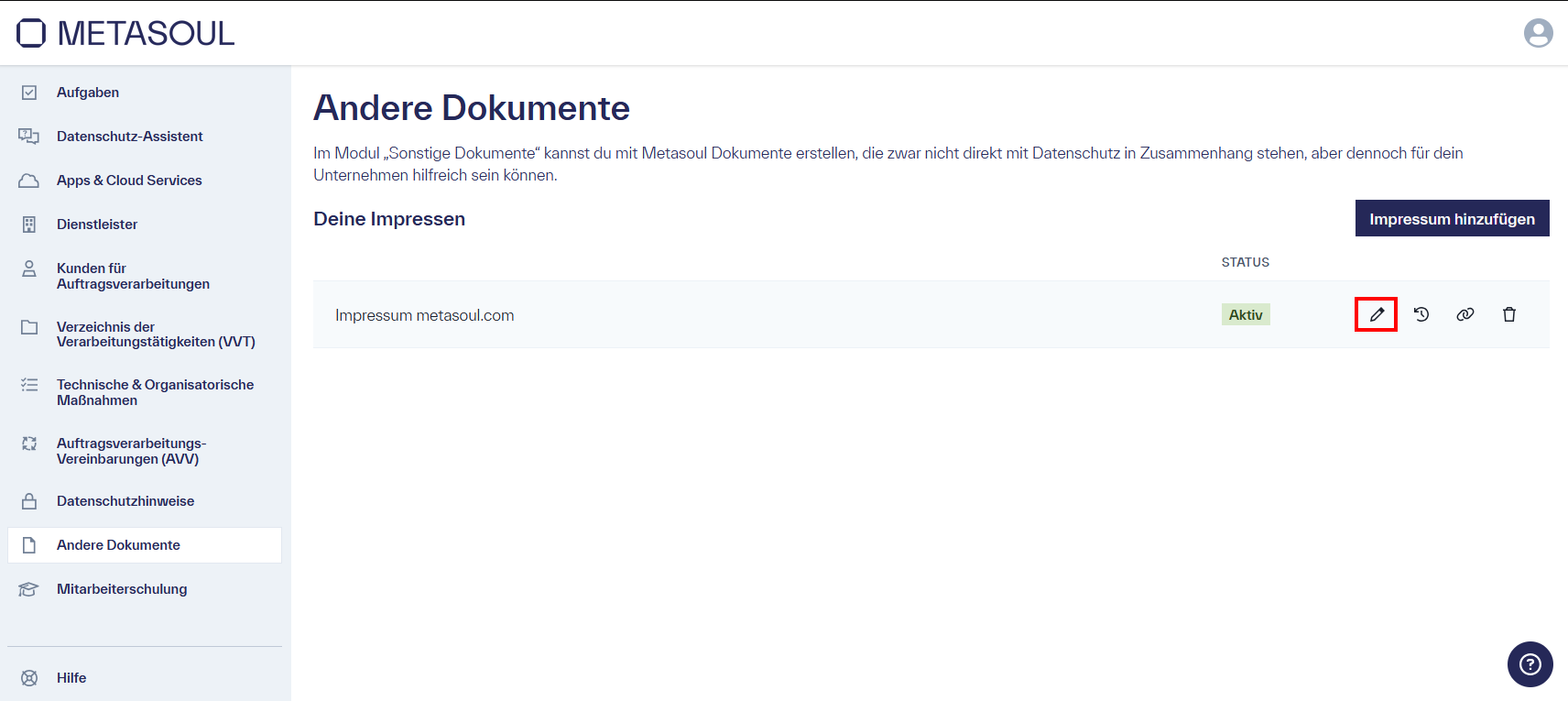 Seite &ldquo;Andere Dokumente&rdquo; mit einer Tabelle, die einen Eintrag für die Webseite metasoul.com im Status &ldquo;Aktiv&rdquo; sowie ein Edit-Symbol auf der rechten Seite zeigt.
