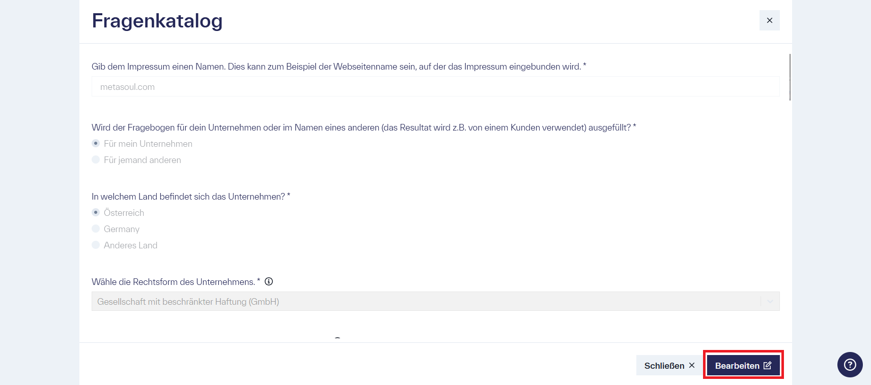 Der Fragenkatalog des Impressums mit den Optionen &ldquo;Schließen&rdquo; und &ldquo;Bearbeiten&rdquo;