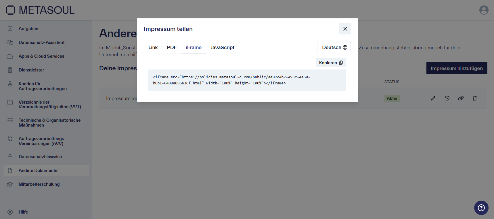 Menü mit den Reitern &ldquo;Link&rdquo;, &ldquo;PDF&rdquo;, &ldquo;iFrame&rdquo; und &ldquo;JavaScript&rdquo;, unter dem der HTML-Code angezeigt wird, mit der Option, diesen zu kopieren.
