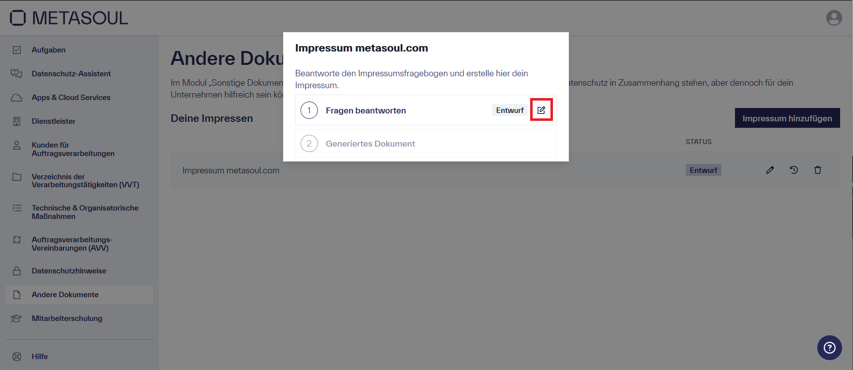 PopUp mit dem Titel &ldquo;Impressum metasoul.com&rdquo; und der Option &ldquo;Fragen beantworten&rdquo;, sowie der Option &ldquo;Generiertes Dokument&rdquo;