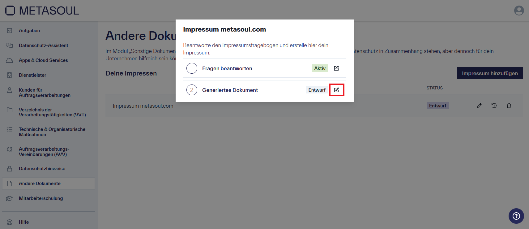 PopUp mit dem Titel &ldquo;Impressum metasoul.com&rdquo; und der Option &ldquo;Fragen beantworten&rdquo;, sowie der Option &ldquo;Generiertes Dokument&rdquo;
