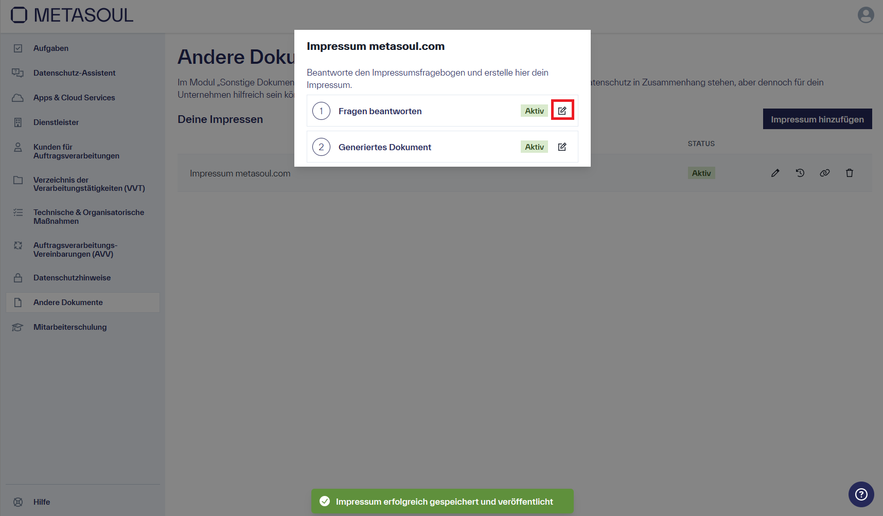 PopUp mit dem Titel &ldquo;Impressum metasoul.com&rdquo; und der Option &ldquo;Fragen beantworten&rdquo;, sowie der Option &ldquo;Generiertes Dokument&rdquo;