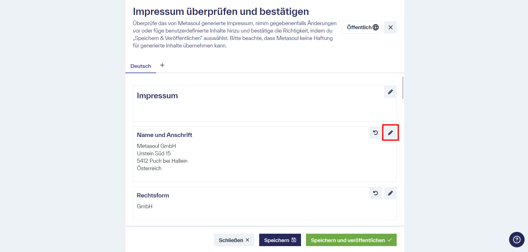 Darstellung des Dokuments „Impressum“, in dem jede einzelne Sektion als separate Option zur Bearbeitung verfügbar ist. 