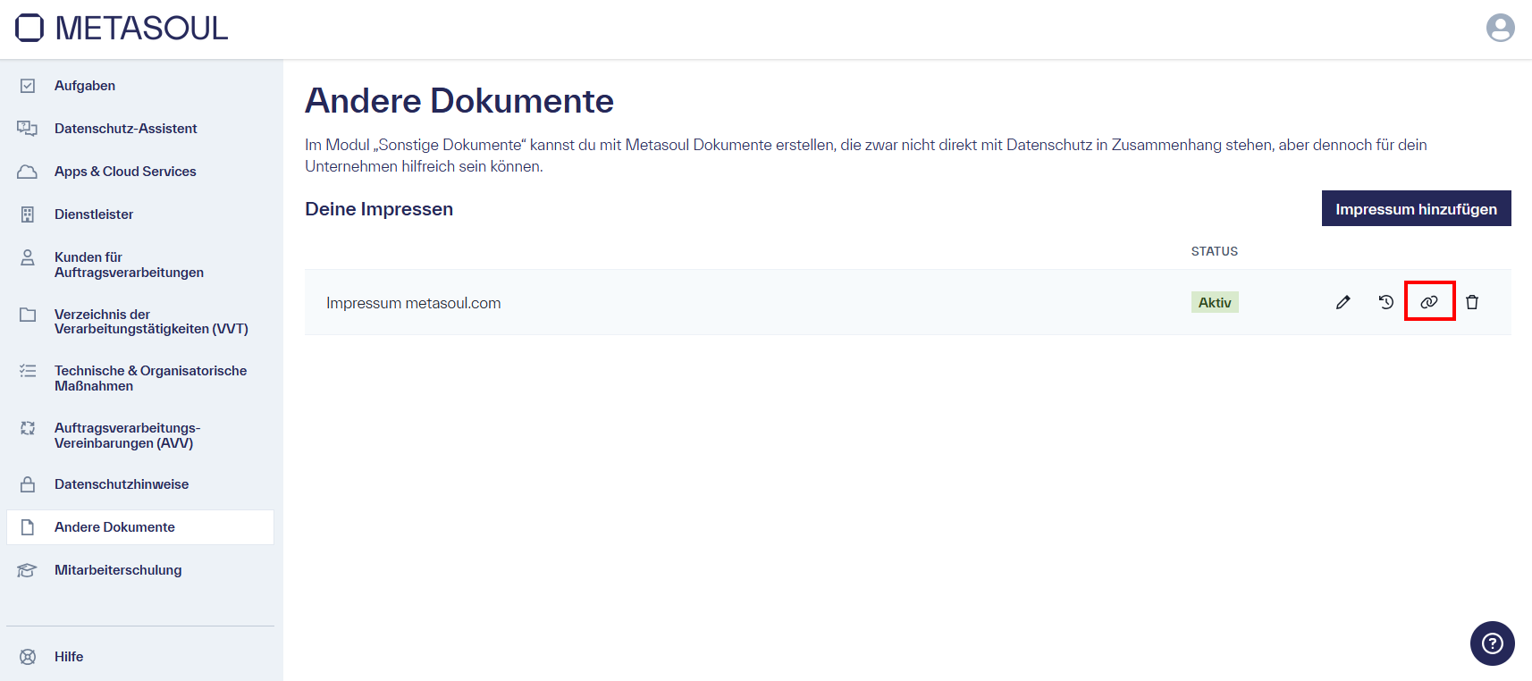 Seite &ldquo;Andere Dokumente&rdquo; mit einer Tabelle, die einen Eintrag für die Webseite metasoul.com im Status &ldquo;Aktiv&rdquo; sowie ein Link-Symbol auf der rechten Seite zeigt.