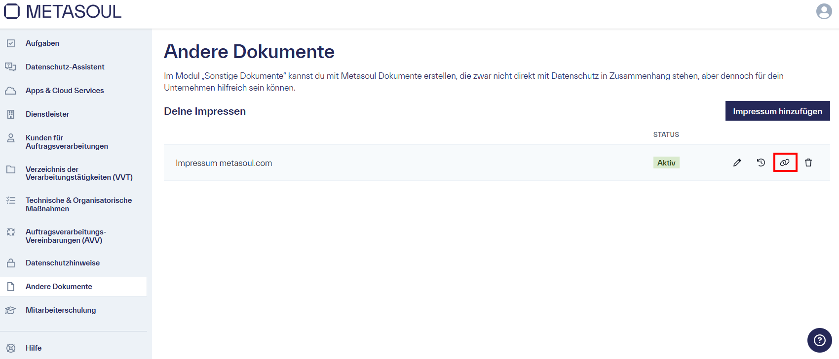 Startseite des Moduls „Andere Dokumente“, in der ein einzelner Impressum-Eintrag mit markierter Option „Teilen“ dargestellt ist.