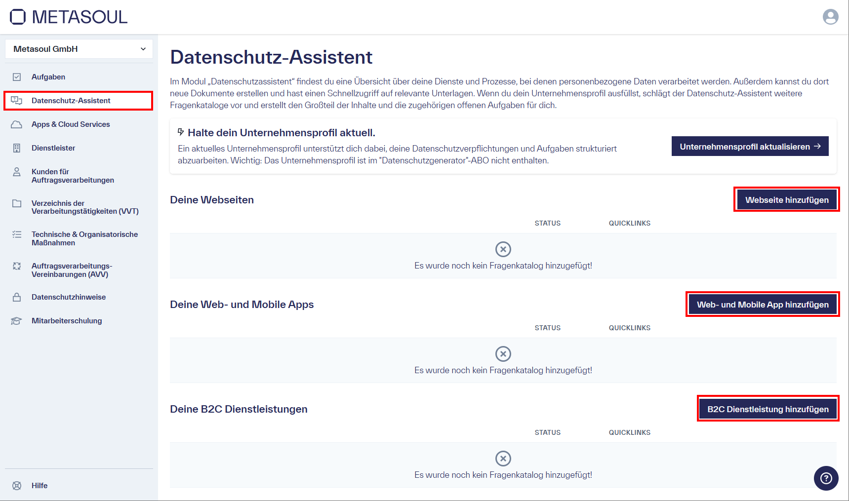 Drei Felder mit jeweils einem Button für die Erstellung dieser Datenschutzhinweise zu den Themen &ldquo;Webseite&rdquo;, &ldquo;Mobile App&rdquo;, &ldquo;B2C Dienstleistung&rdquo;