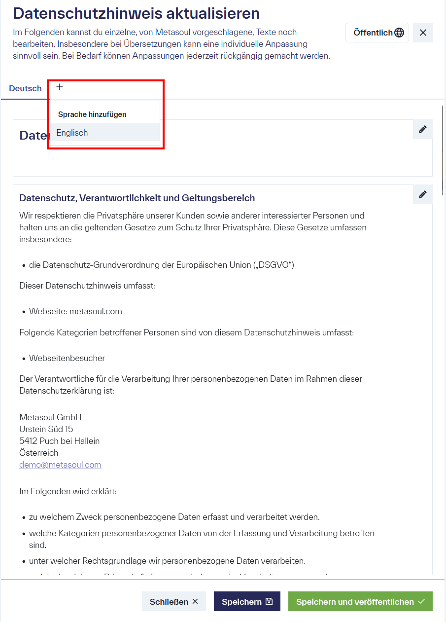 Seite mit dem Titel &ldquo;Datenschutzhinweis aktualisieren&rdquo; und einem Reiter-Menü mit den Optionen &ldquo;Deutsch&rdquo; sowie &ldquo;+&rdquo;, das &ldquo;+&rdquo; ermöglicht es weitere Sprachen hinzu zufügen