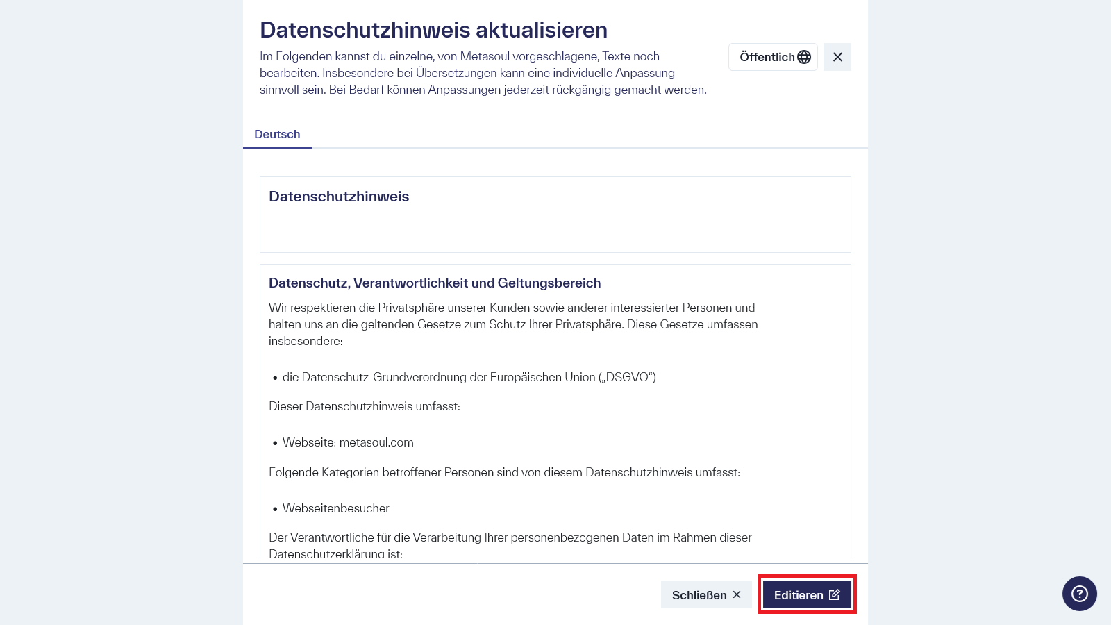 Screenshot der Seite „Datenschutzhinweis aktualisieren" in Metasoul, mit der hervorgehobenen Schaltfläche „Bearbeiten" in der unteren rechten Ecke der Seite.