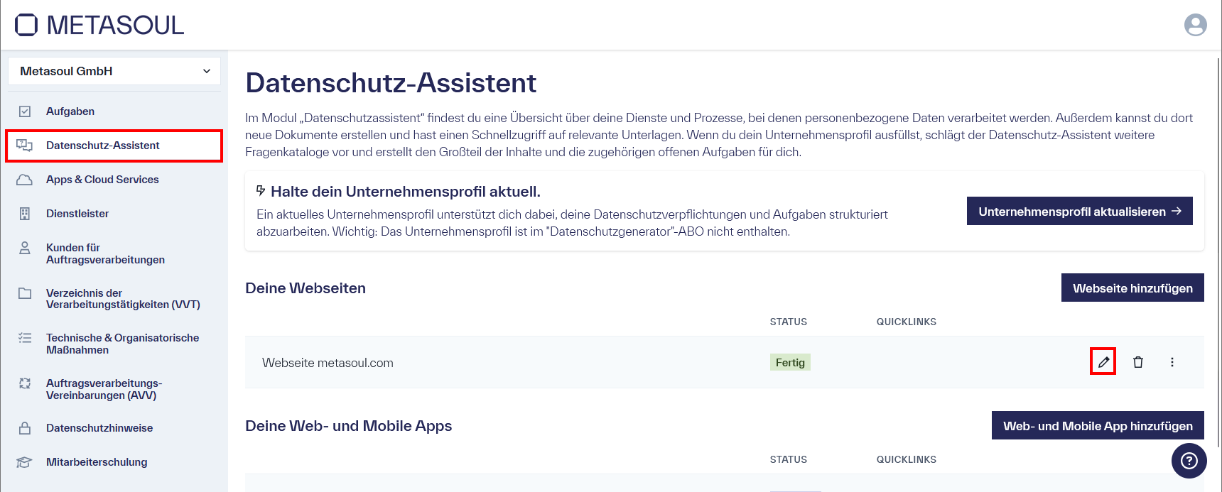 Tabelle im &ldquo;Datenschutz-Assistenten&rdquo; mit einem Fragenkatalog im Status &ldquo;Fertig&rdquo; und der Option, diesen zu bearbeiten.