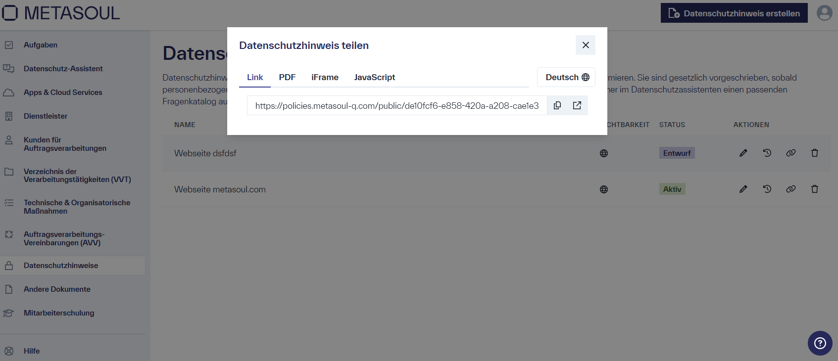 Bild vom Datenschutzhinweis-Modul, Fenster geöffnet mit den vier Optionen Link, PDF, iFrame und JavaScript zum Teilen von Datenschutzhinweisen.