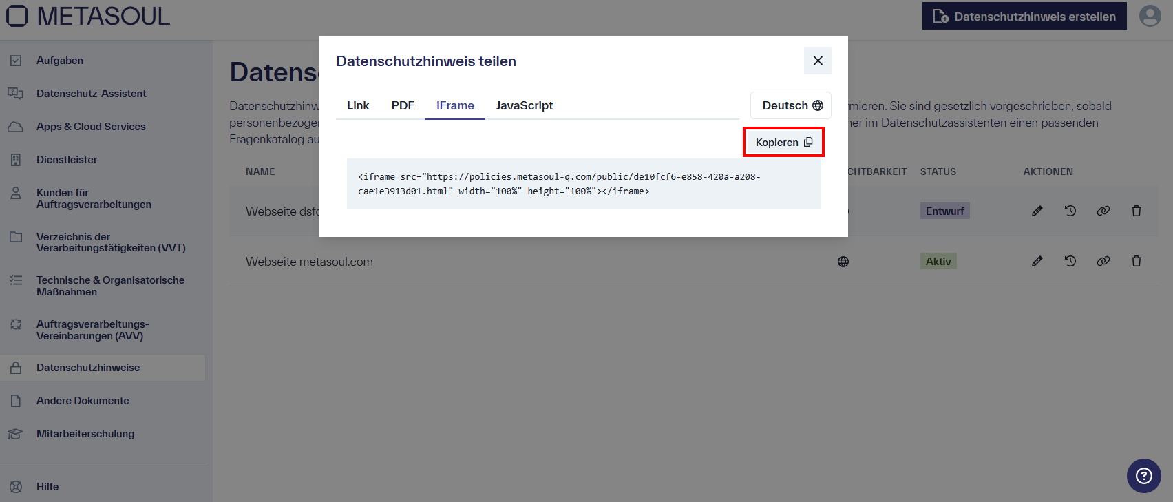 Fenster „Datenschutzhinweis teilen“, Reiter „iFrame“ ausgewählt, Öffnen-Option hervorgehoben, weitere Reiter „PDF“, „Link“ und „Javascript“.