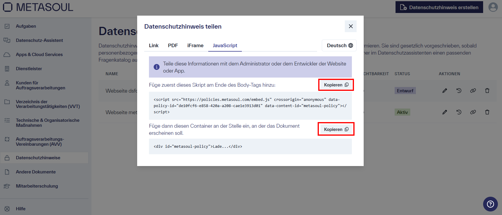 Das Fenster &ldquo;Datenschutzhinweis teilen&rdquo; hat vier Reiter, &ldquo;Link&rdquo;, &ldquo;PDF&rdquo;, &ldquo;iFrame&rdquo; sowie &ldquo;Javascript&rdquo;, welches ausgewählt ist und die Kopier-Optionen für den Code