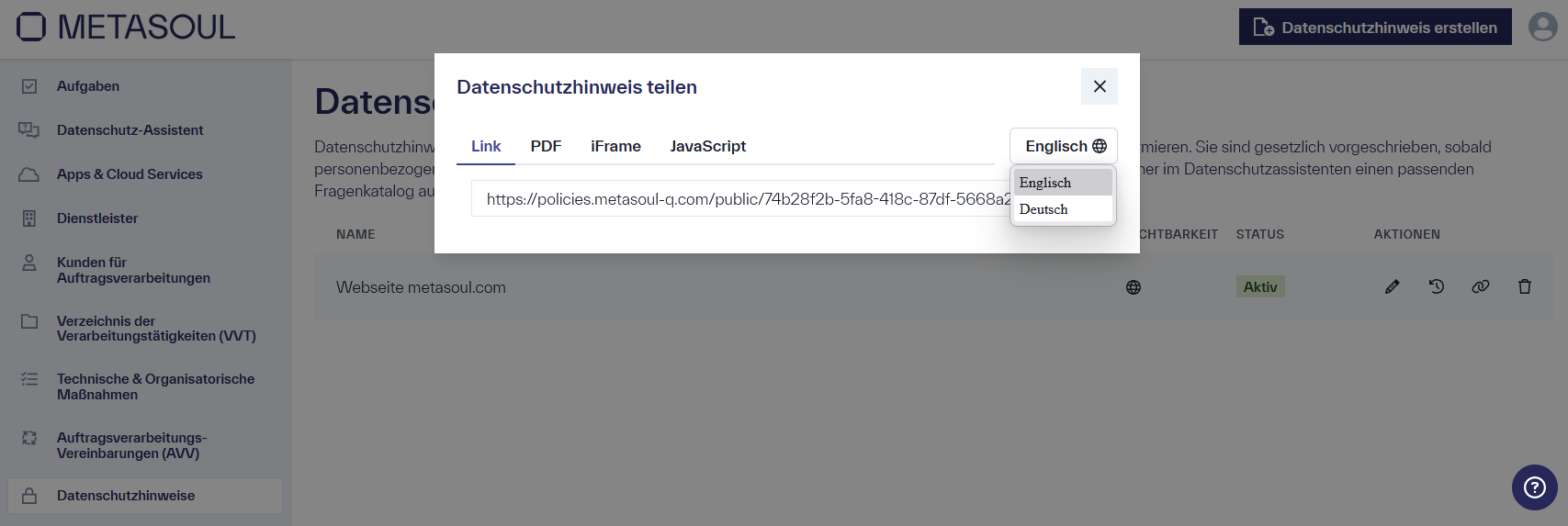 Menü mit den Reitern &ldquo;Link&rdquo;, &ldquo;PDF&rdquo;, &ldquo;iFrame&rdquo;, &ldquo;JavaScript&rdquo; und &ldquo;Englisch&rdquo;, welches weiter Option anzeigt