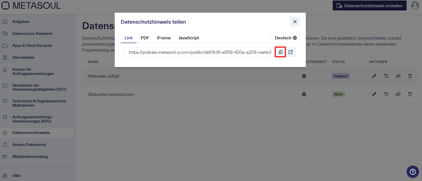 Fenster „Datenschutzhinweis teilen“, Reiter „Link“ ausgewählt, Kopier-Option hervorgehoben, weitere Reiter „PDF“, „iFrame“ und „Javascript“.