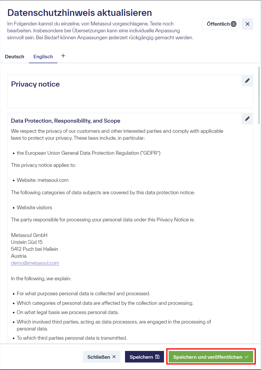Seite &ldquo;Datenschutzhinweis aktualisieren&rdquo; mit der neuen Seite &ldquo;Englisch&rdquo;