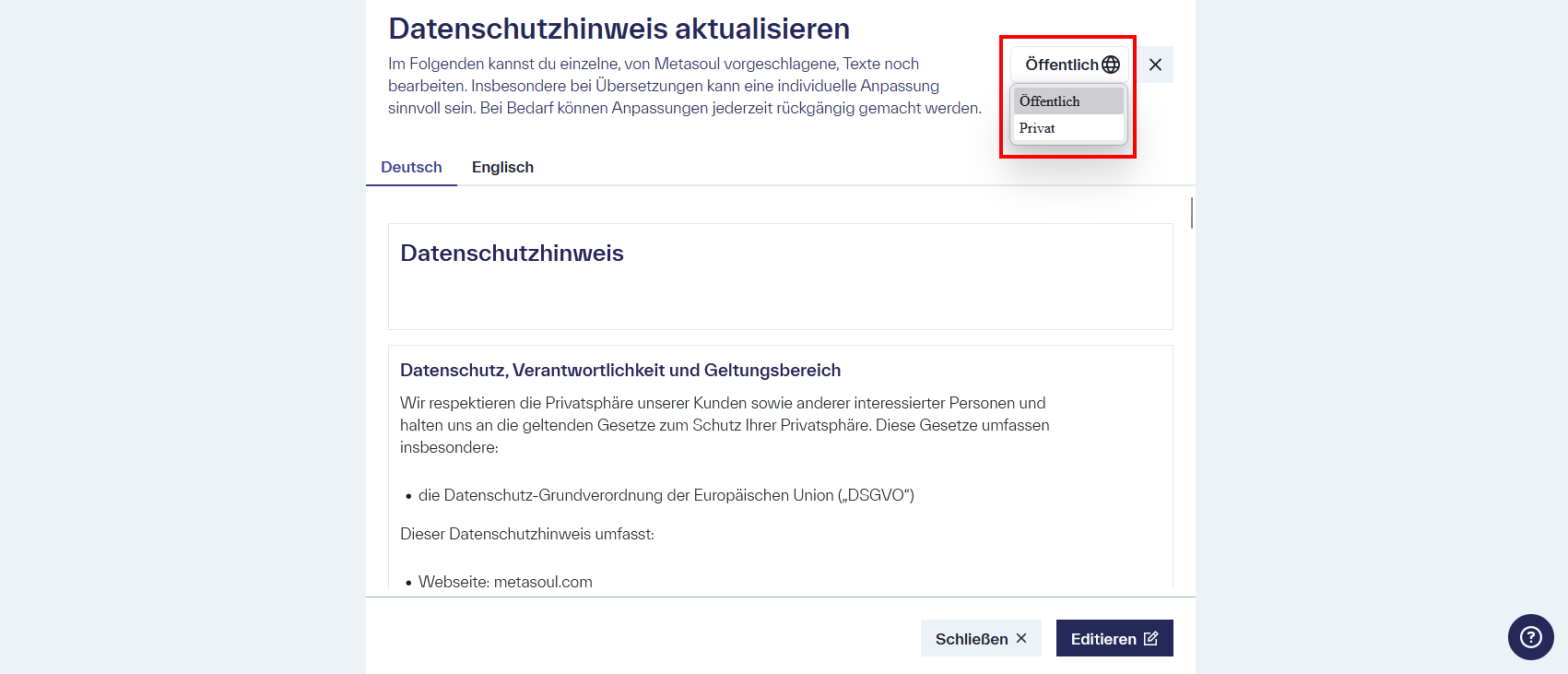 Bild eines Datenschutzhinweises im Editiermodus, oben links sind die Optionen „Öffentlich“ und „Privat“ ausgeklappt und rot markiert.