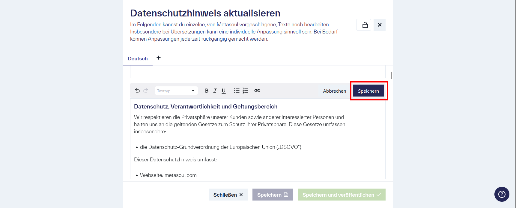 Aktualisierung des Datenschutzhinweises in einem aktiven Texteditor mit Standardtext und der Option, Änderungen zu speichern.