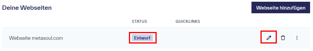 Ein Eintrag in der Tabelle für Webseiten, mit dem Status &ldquo;Entwurf&rdquo; und dem Titel &ldquo;Webseite metasoul.com&rdquo;. Dieser Eintrag hat auf der rechten Seite die Optionen für das Editieren und Löschen
