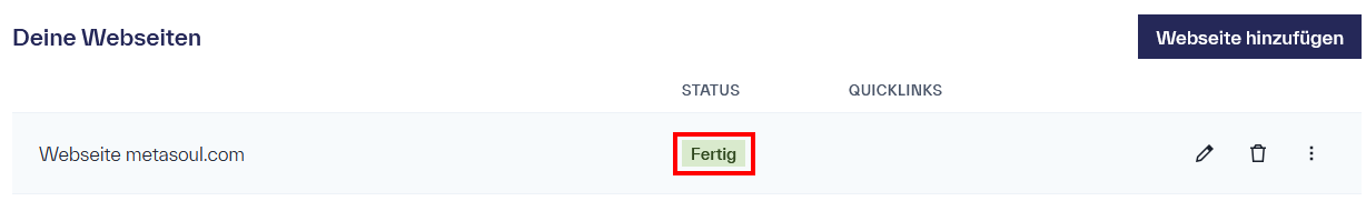 Ein Eintrag in der Tabelle für Webseiten mit dem Status &ldquo;Fertig&rdquo; und dem Titel &ldquo;Webseite metasoul.com&rdquo;