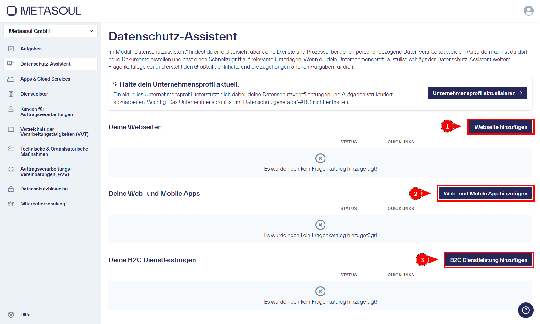 Drei Felder mit jeweils einem Button für die Erstellung dieser Datenschutzhinweisen zu den Themen: &ldquo;Webseite&rdquo;, &ldquo;Mobile App&rdquo;, &ldquo;B2C Dienstleistung&rdquo;