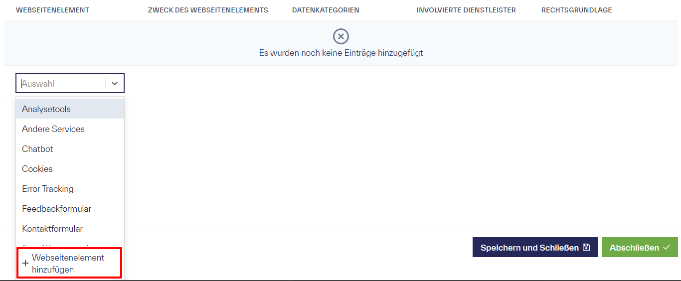 Das Drop-Down-Menü des Eingabefelds &ldquo;Auswahl&rdquo; unter der Tabelle ist aktiv und einige Optionen des Menü sind: &ldquo;Chatbot&rdquo;,&ldquo;Cookies&rdquo;,&ldquo;Webseitenelement hinzufügen&rdquo;