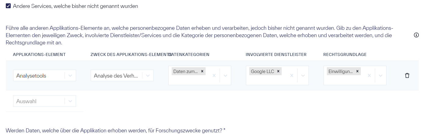 Die aktive CheckBox &ldquo;Andere Services, welche bisher nicht genannt wurden&rdquo; über einer Tabelle mit den Spalten &ldquo;APPLIKAITONS-ELEMENT&rdquo;, &ldquo;ZWECK DES APPLIKAITONS-ELEMENT&rdquo;, &ldquo;DATENKATEGORIEN&rdquo;, &ldquo;INVOLVIERTE DIENSLEISTER&rdquo; und &ldquo;RECHTSGRUNDLAGE&rdquo;