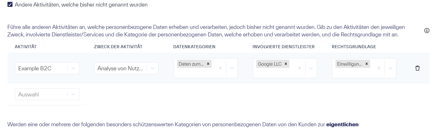 Die aktive CheckBox &ldquo;Andere Aktivitäten, welche bisher nicht genannt wurden&rdquo; über einer Tabelle mit den Spalten &ldquo;AKTIVITÄT&rdquo;, &ldquo;ZWECK DER AKTIVITÄT&rdquo;, &ldquo;DATENKATEGORIEN&rdquo;, &ldquo;INVOLVIERTE DIENSLEISTER&rdquo; und &ldquo;RECHTSGRUNDLAGE&rdquo;