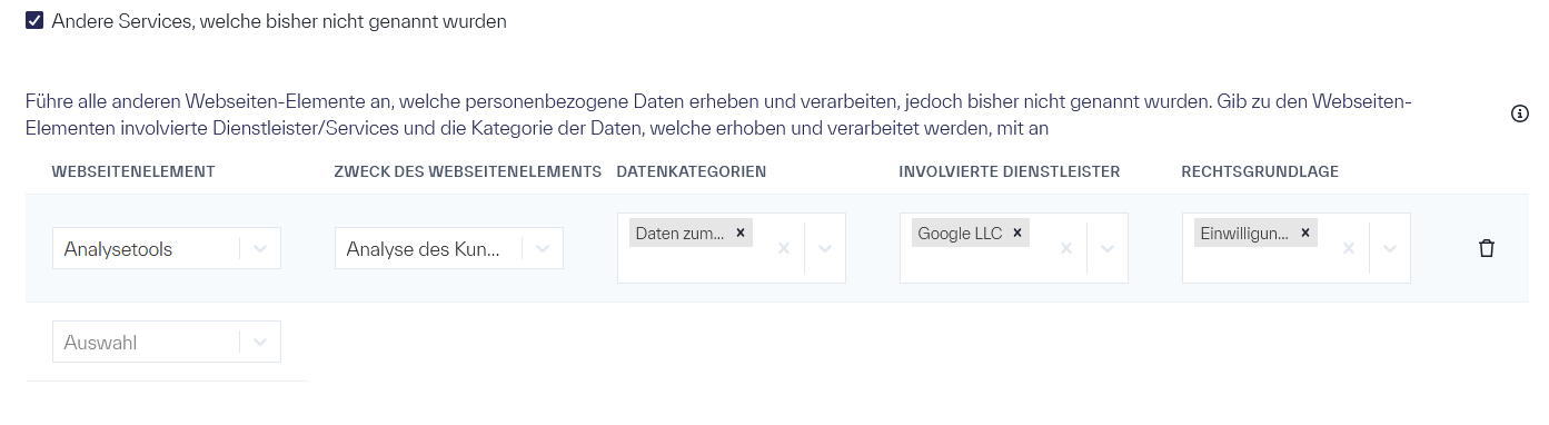 Die aktive CheckBox &ldquo;Andere Services, welche bisher nicht genannt wurden&rdquo; über einer Tabelle mit den Spalten &ldquo;WEBSEITENELEMENT&rdquo;, &ldquo;ZWECK DES WEBSEITENELEMENT&rdquo;, &ldquo;DATENKATEGORIEN&rdquo;, &ldquo;INVOLVIERTE DIENSLEISTER&rdquo; und &ldquo;RECHTSGRUNDLAGE&rdquo;
