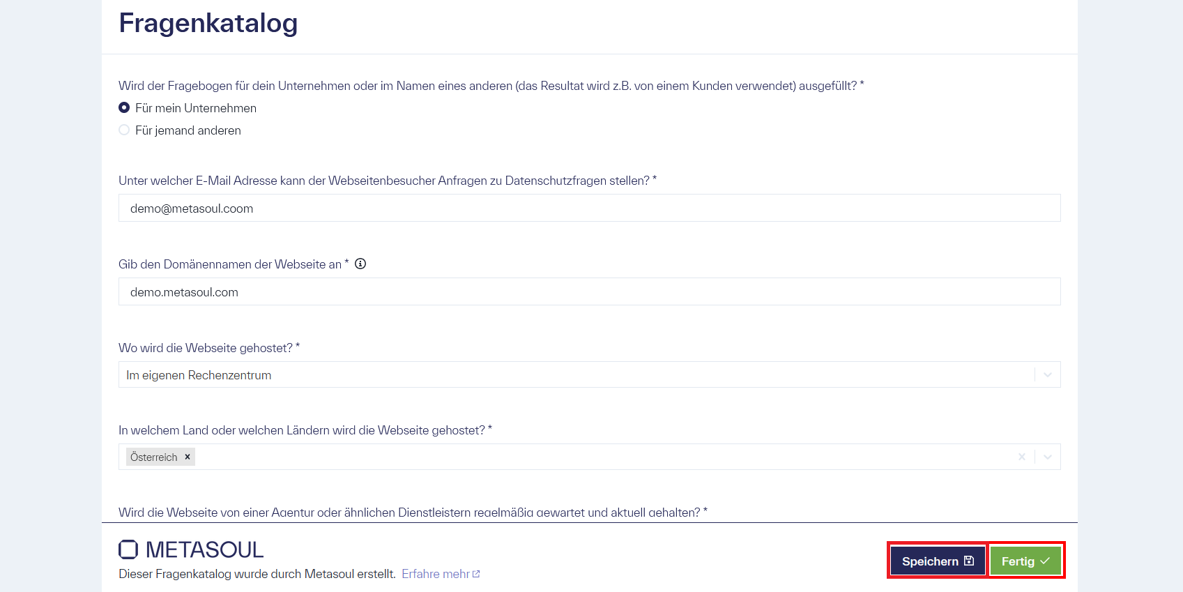Der Metasoul-Fragenkatalog mit den Optionen &ldquo;Speichern&rdquo; und &ldquo;Fertig&rdquo;