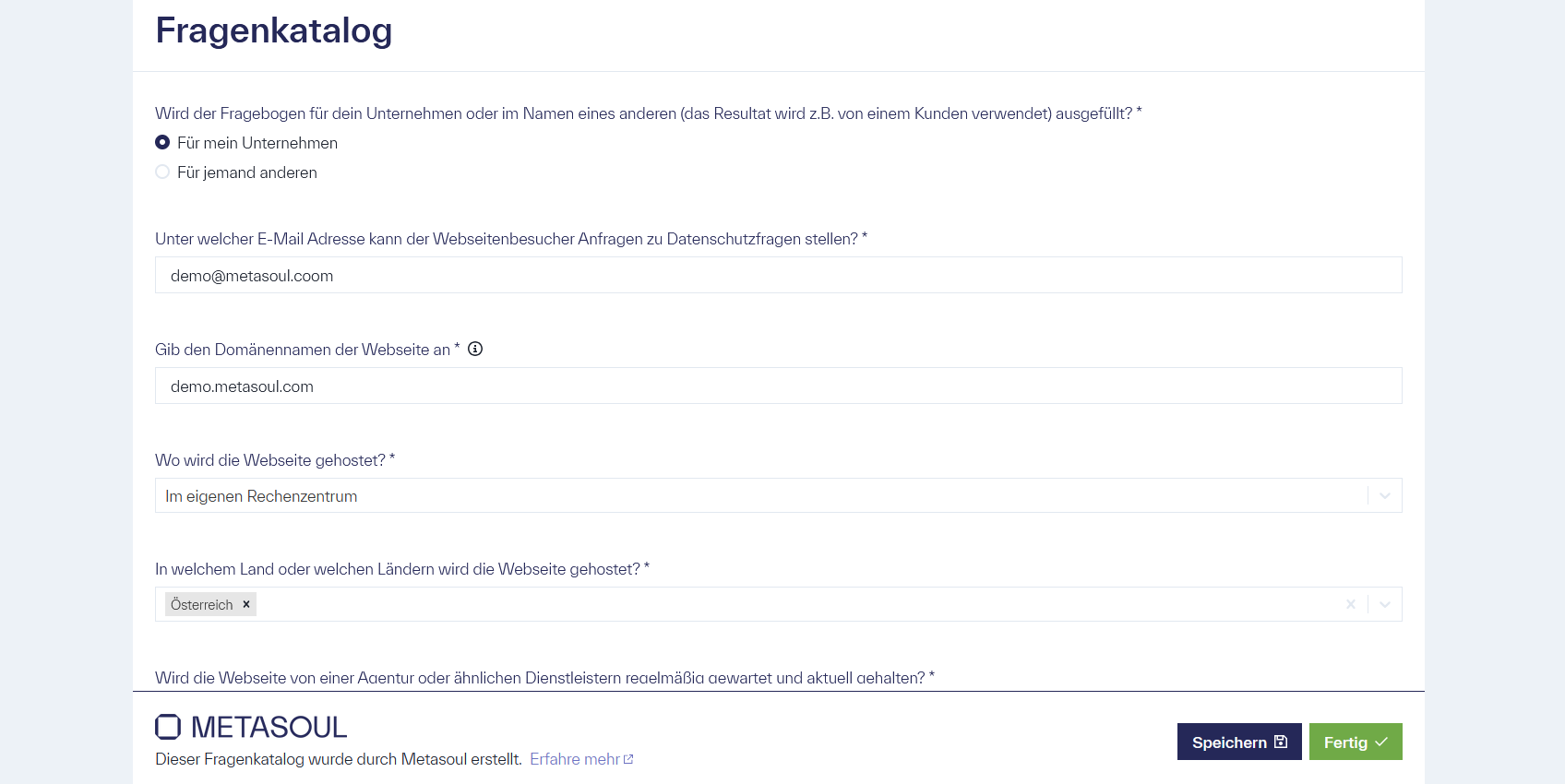 Der Metasoul-Fragenkatalog mit den Optionen &ldquo;Speichern&rdquo; und &ldquo;Fertig&rdquo;