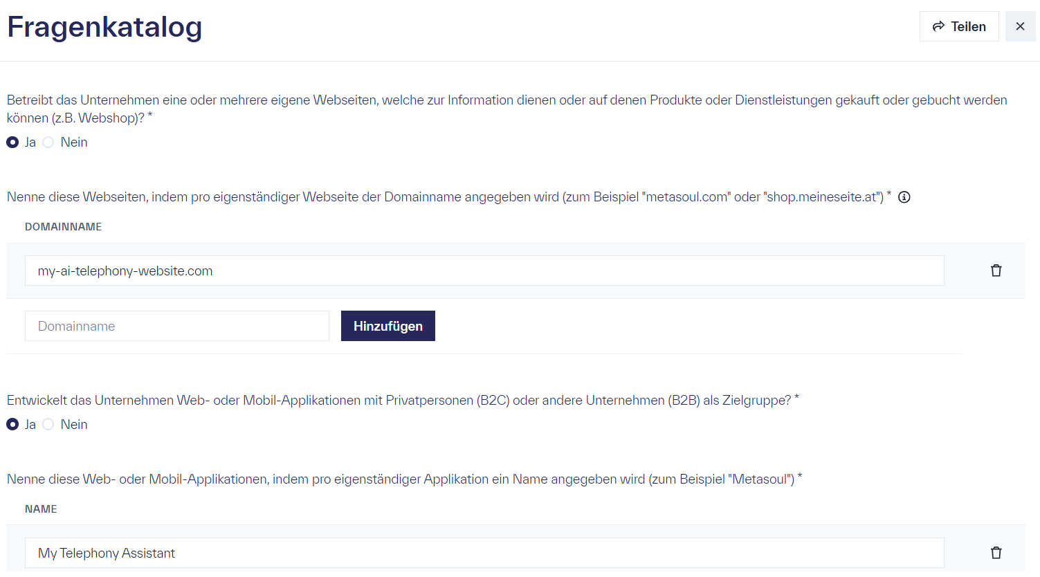 Beispielhafte Befüllung der &ldquo;Website&rdquo; und &ldquo;App&rdquo; Bereiche im Metasoul Unternehmensprofil