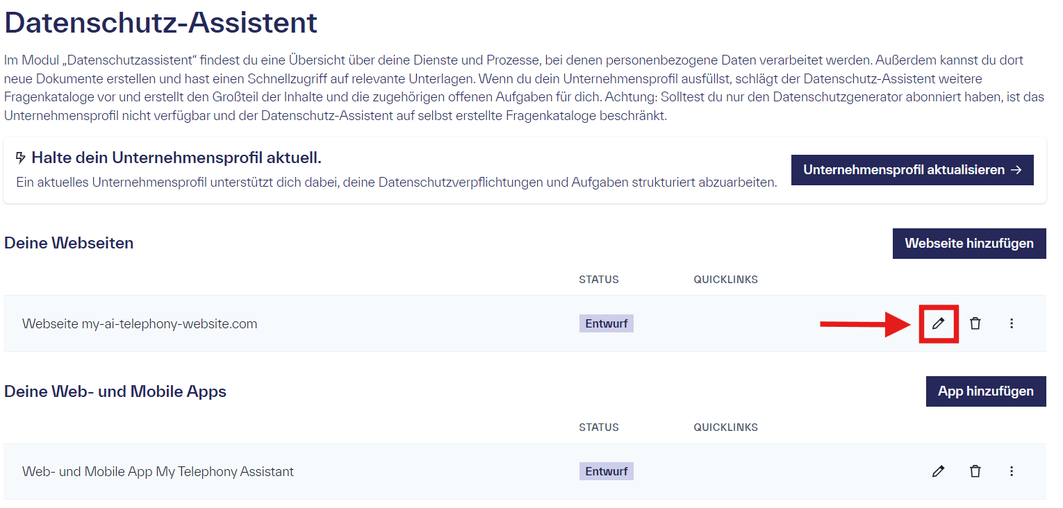 Übersicht über offene Fragenkataloge im Datenschutzassistenten und Hinweis mit welchem Icon man den Webseiten-Fragenkatalog editieren kann