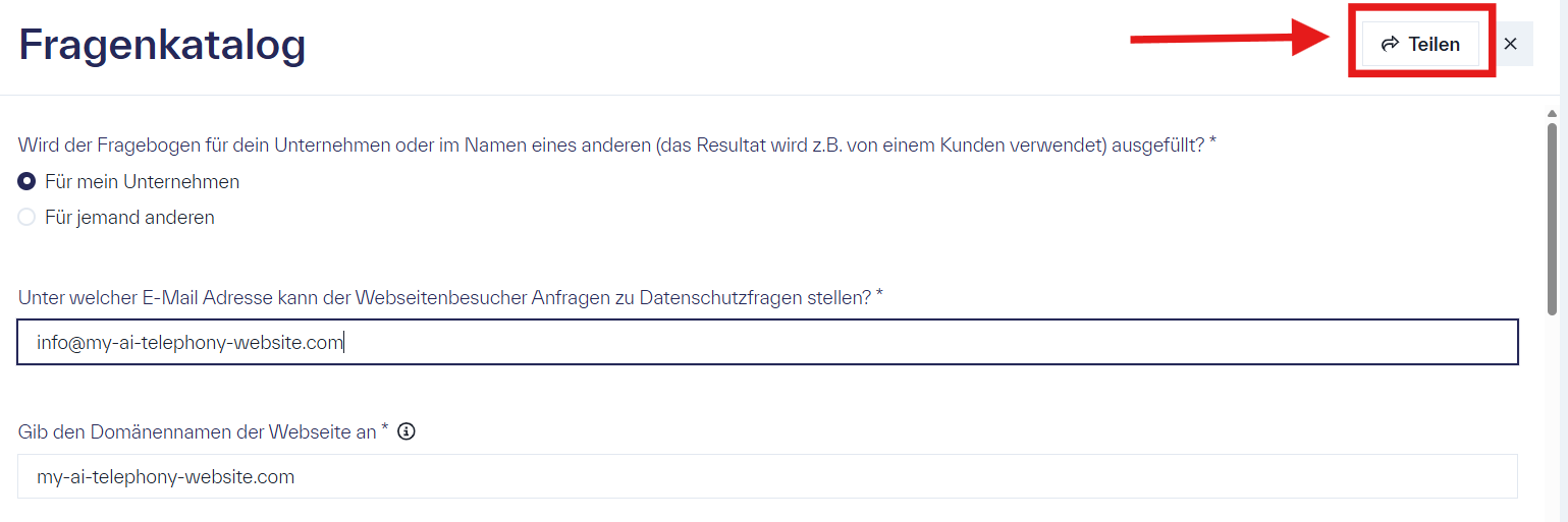Hinweis, wie man in Metasoul über die &ldquo;Teilen“-Schaltfläche in einem Fragenkatalog diesen mit jemand anderem teilen kann.