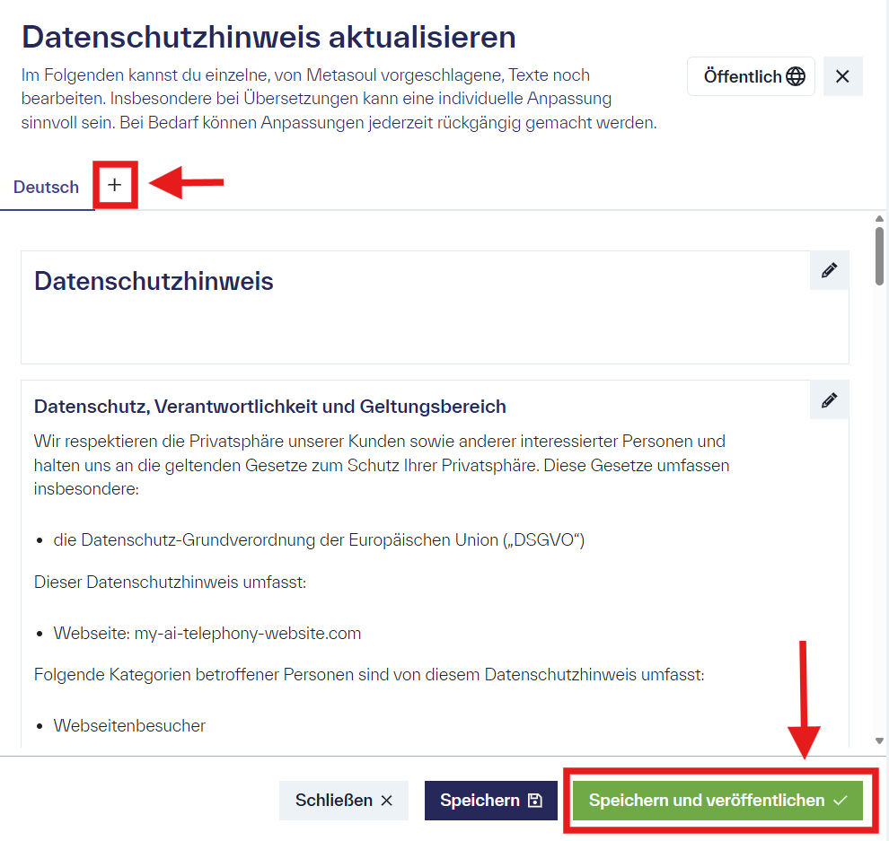 Erklärung, wie zu einem Datenschutzhinweis in Metasoul eine neue Sprache hinzugefügt und der Datenschutzhinweis generiert werden kann.