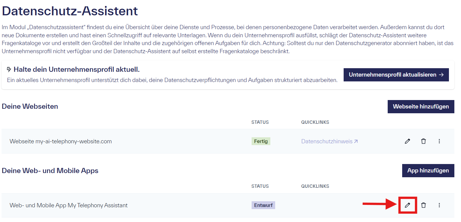Übersicht über offene Fragenkataloge im Datenschutzassistenten und Hinweis mit welchem Icon man den App-Fragenkatalog editieren kann