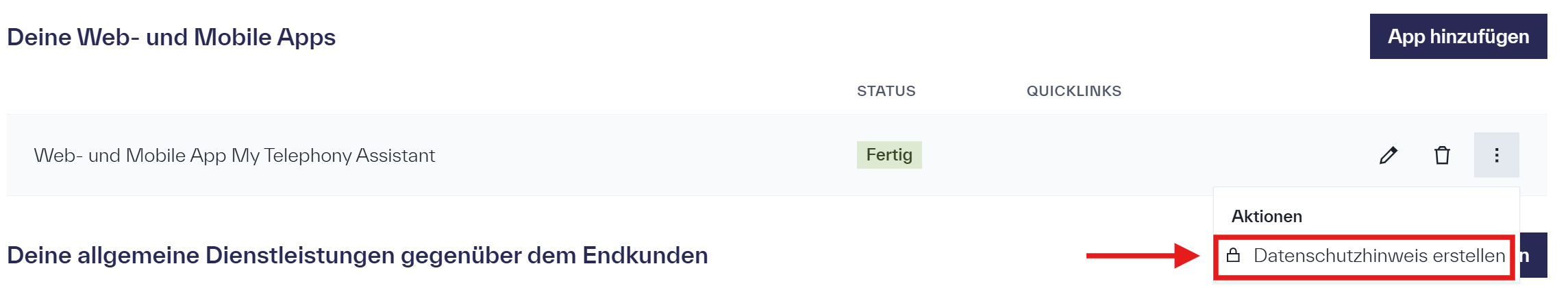 Erklärung, wie im Metasoul-Datenschutz-Assistenten ein Applikationsdatenschutzhinweis aus einem fertig befüllten Fragenkatalog erstellt werden kann.