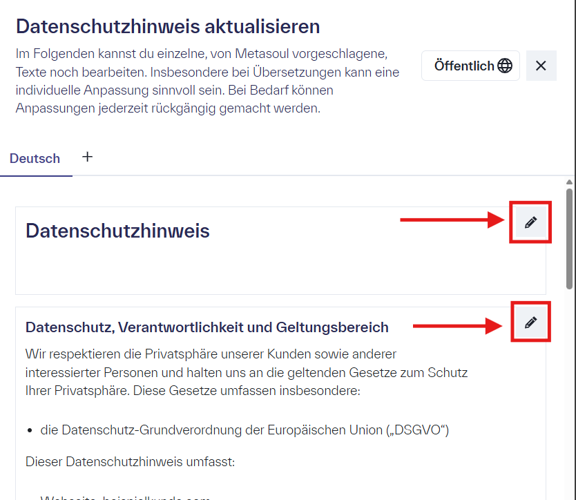 Erklärung, wie in einem Metasoul-Datenschutzhinweis ein Textabschnitt geändert werden kann.