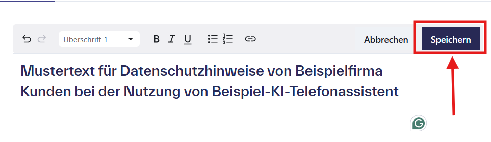 Erklärung, wie in einem Metasoul-Datenschutzhinweis ein geänderter Textabschnitt gespeichert werden kann.