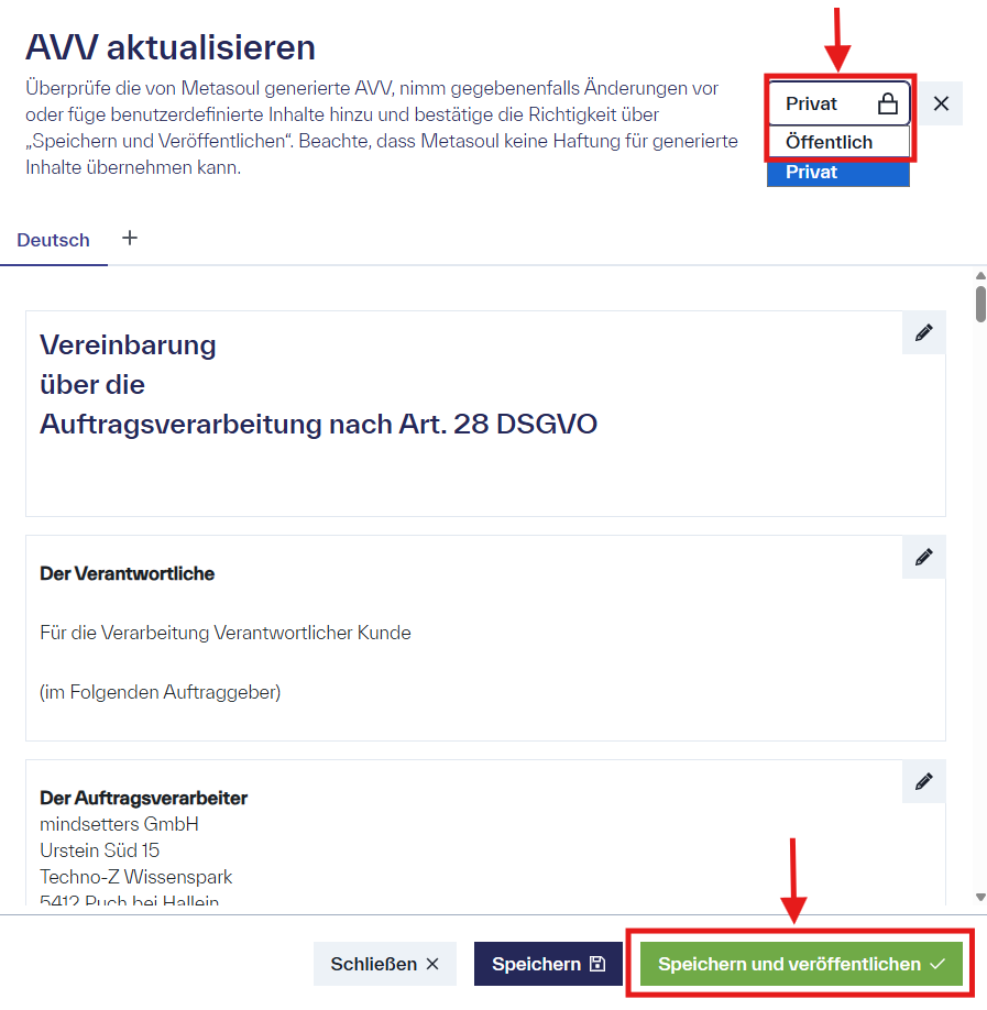 Erklärung, wie eine Auftragsverarbeitungsvereinbarung in Metasoul veröffentlicht werden kann.